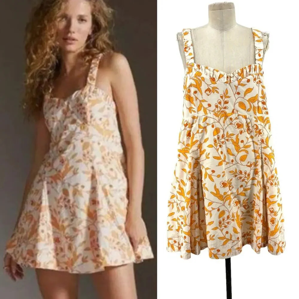 Anthropologie Maeve Sweetheart Mini Dress Floral Print Cream Orange Size XL